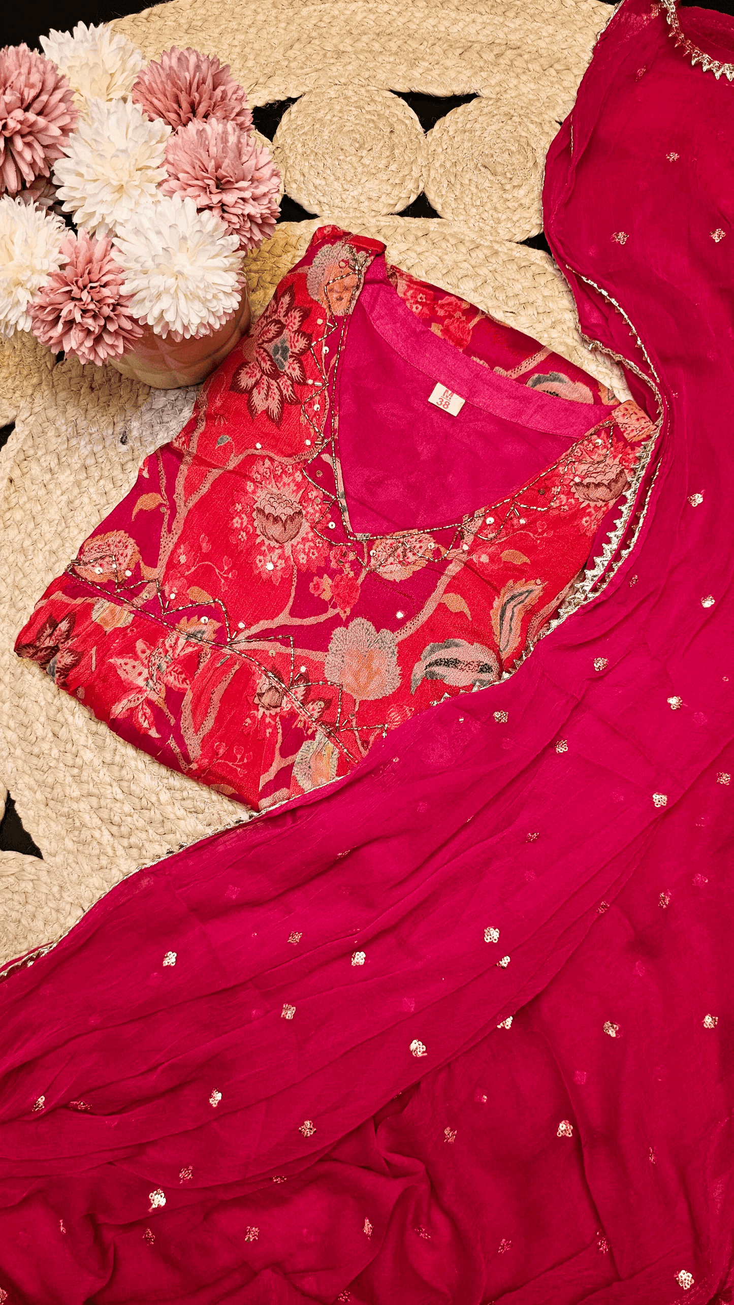 Urmila pink chinnon naira cut kurti set