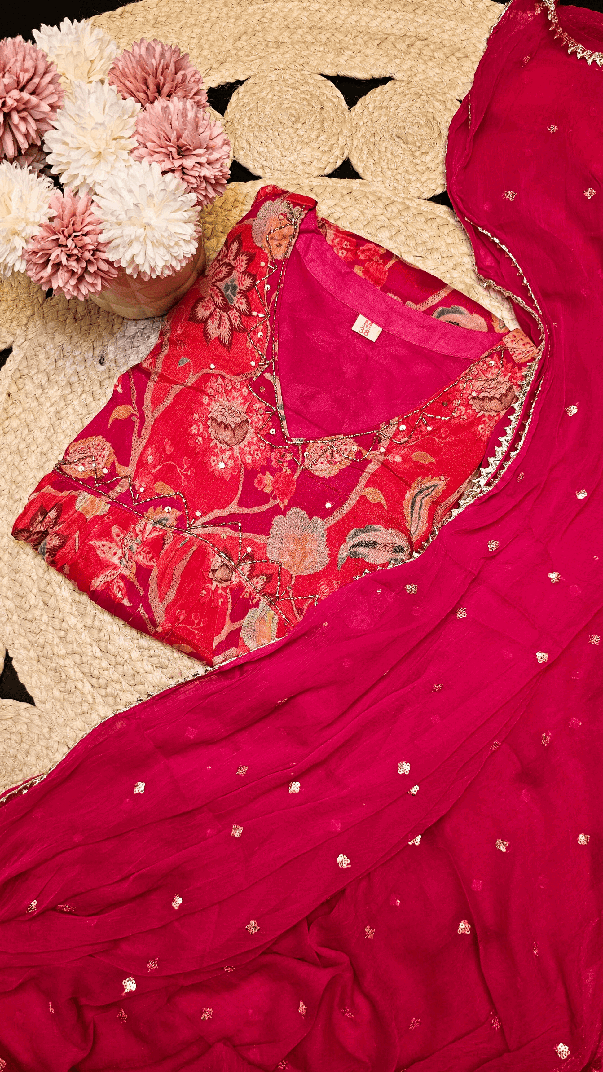 Urmila pink chinnon naira cut kurti set