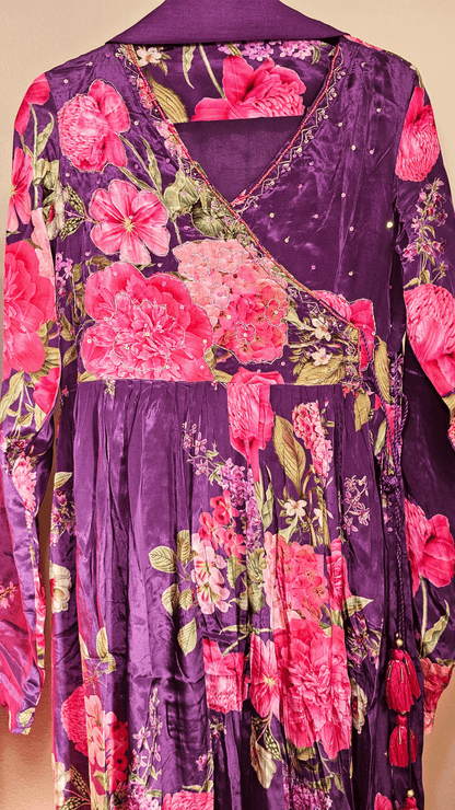 tara purple floral print crepe angrakha